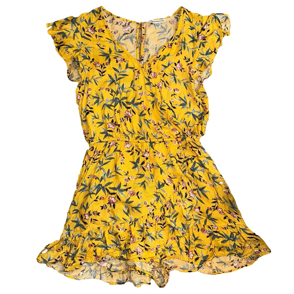 American Eagle Floral Yellow Ruffle Romper
